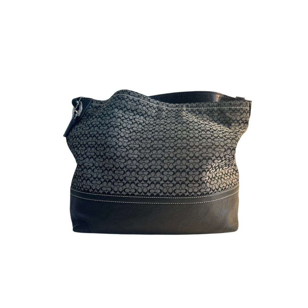 Coach F11666 Signature Jacquard Hobo Shoulder Bag Black Grey Leather Trim - Picture 2 of 16